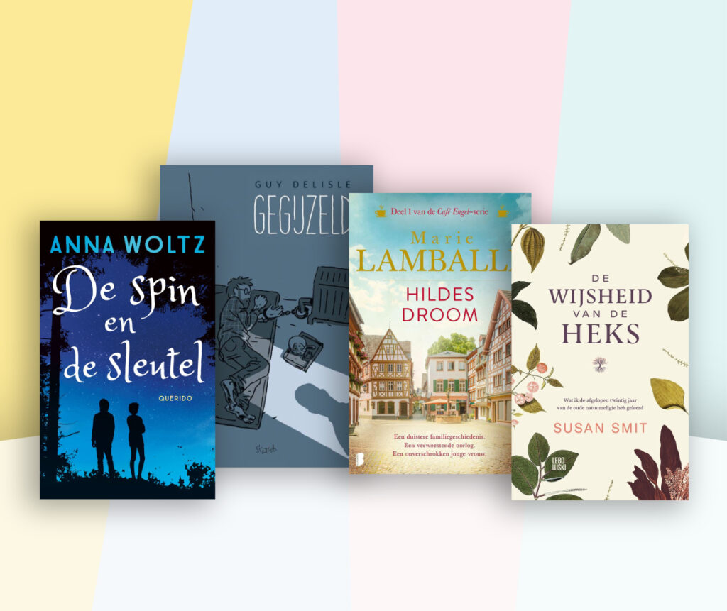 Banner van diverse gelezen boeken in oktober. De spin en de sleutel, Gegijzeld, Hildes droom, De wijheid van de heks.