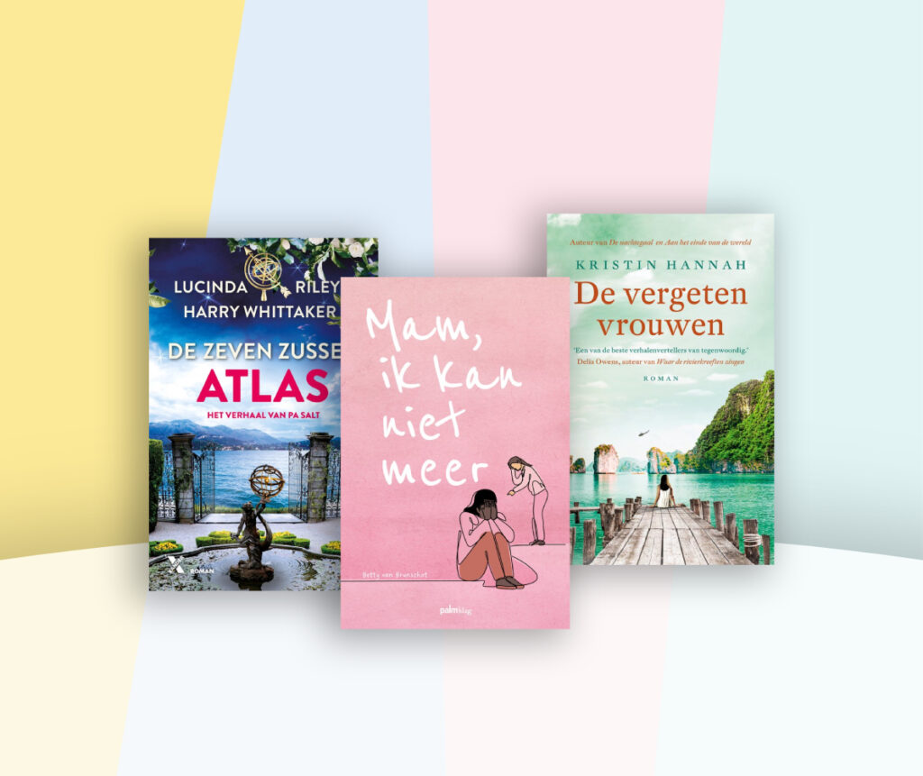 Verzamelbanner met de omslagen van Atlas, Mam ik kan niet meer en De vergeten vrouwen.