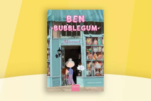 Gele ondergrond in de kleur van Boekenbende met op de voorgrond de omslag van Ben Bubblegum van Marije van Seventer.