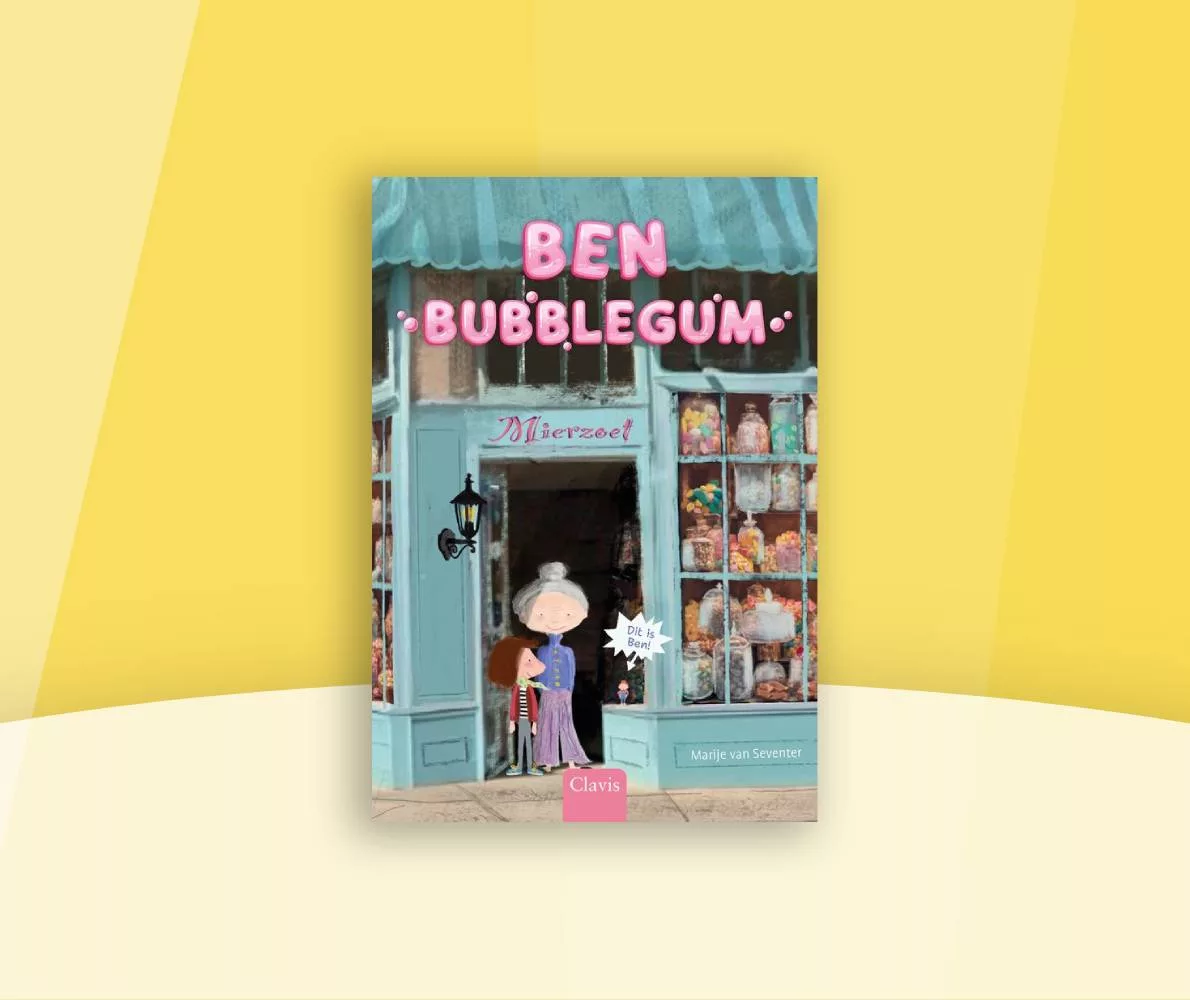 Gele ondergrond in de kleur van Boekenbende met op de voorgrond de omslag van Ben Bubblegum van Marije van Seventer.